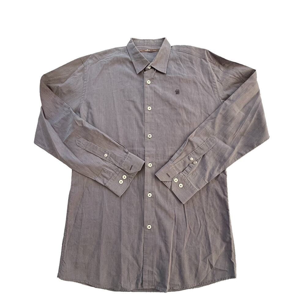 G-Star Raw Denim 3301 Grey Micro Stripe Grey Logo Button Down Shirt XL